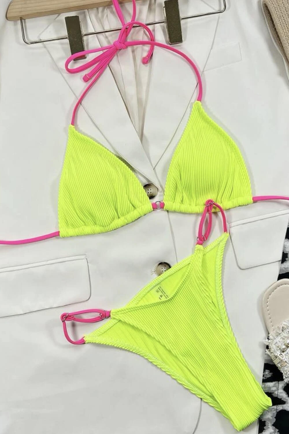 Contrast Colorblock String Halter Triangle Bikini Set
