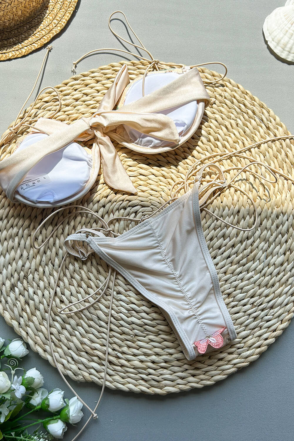 Floral Embroidery Balconette Underwire Tie Side Bikini Set