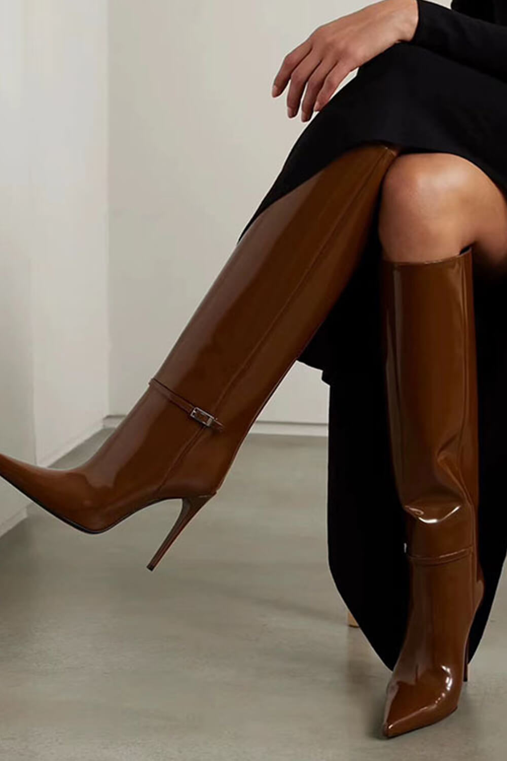 Buckled Pointed Toe Knee High Stiletto Boots
