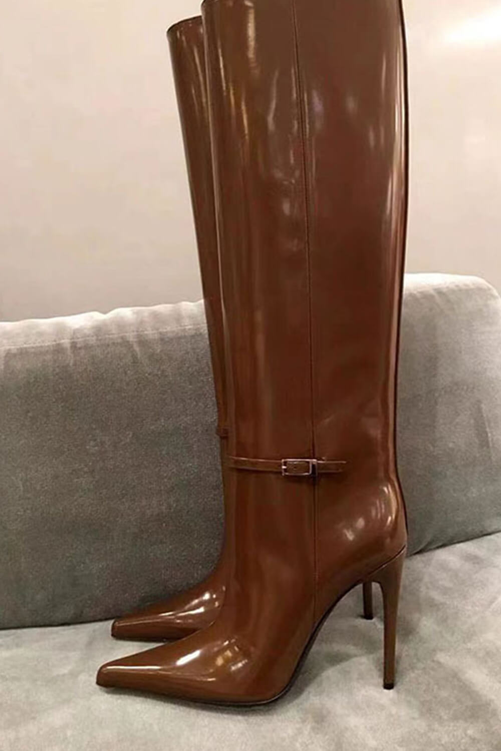 Buckled Pointed Toe Knee High Stiletto Boots