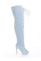 Denim Lace Up Peep Toe Thigh High Boots