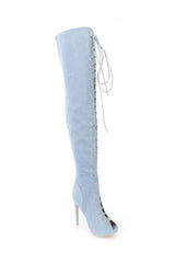 Denim Lace Up Peep Toe Thigh High Boots