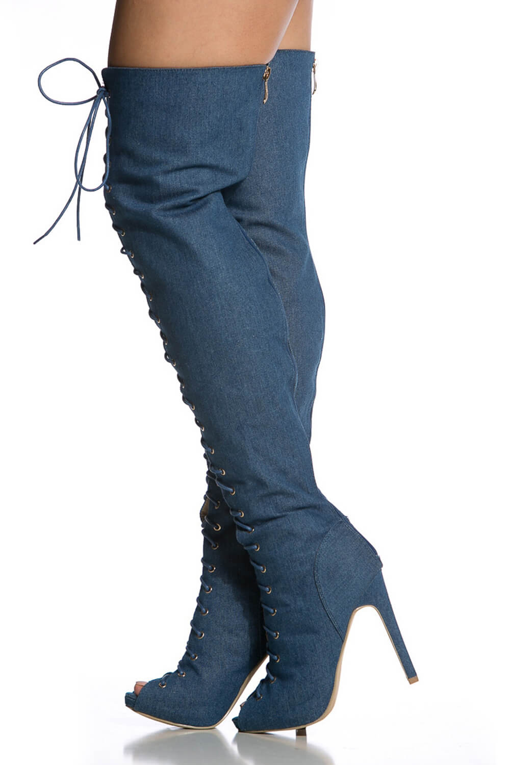 Denim Lace Up Peep Toe Thigh High Boots