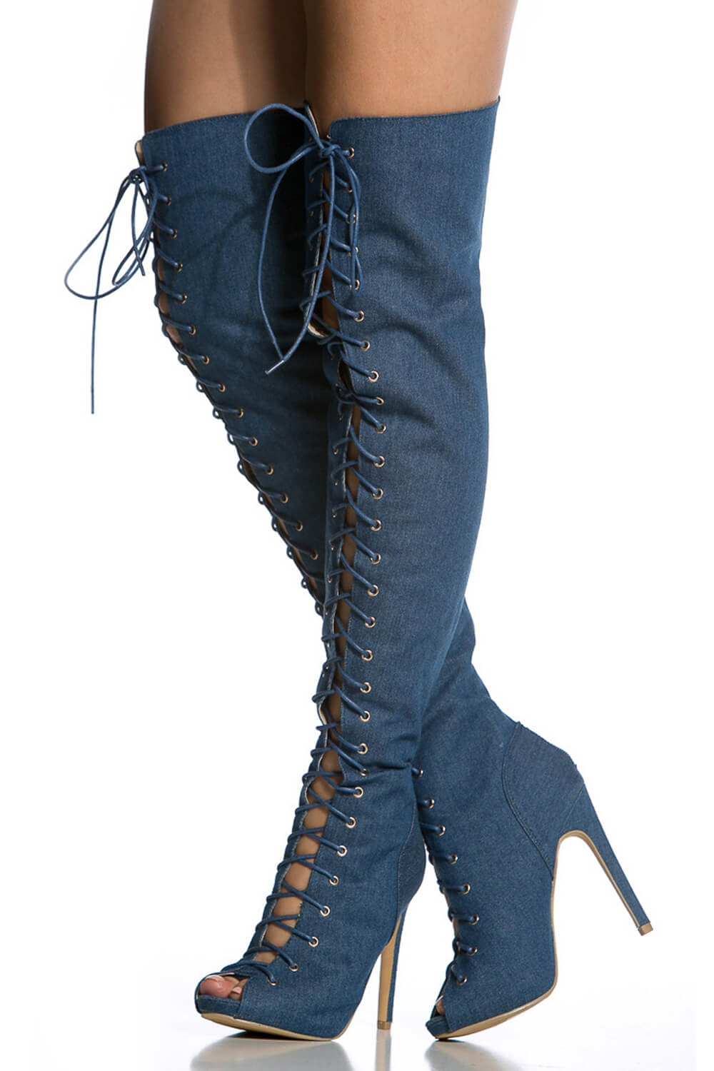 Denim Lace Up Peep Toe Thigh High Boots