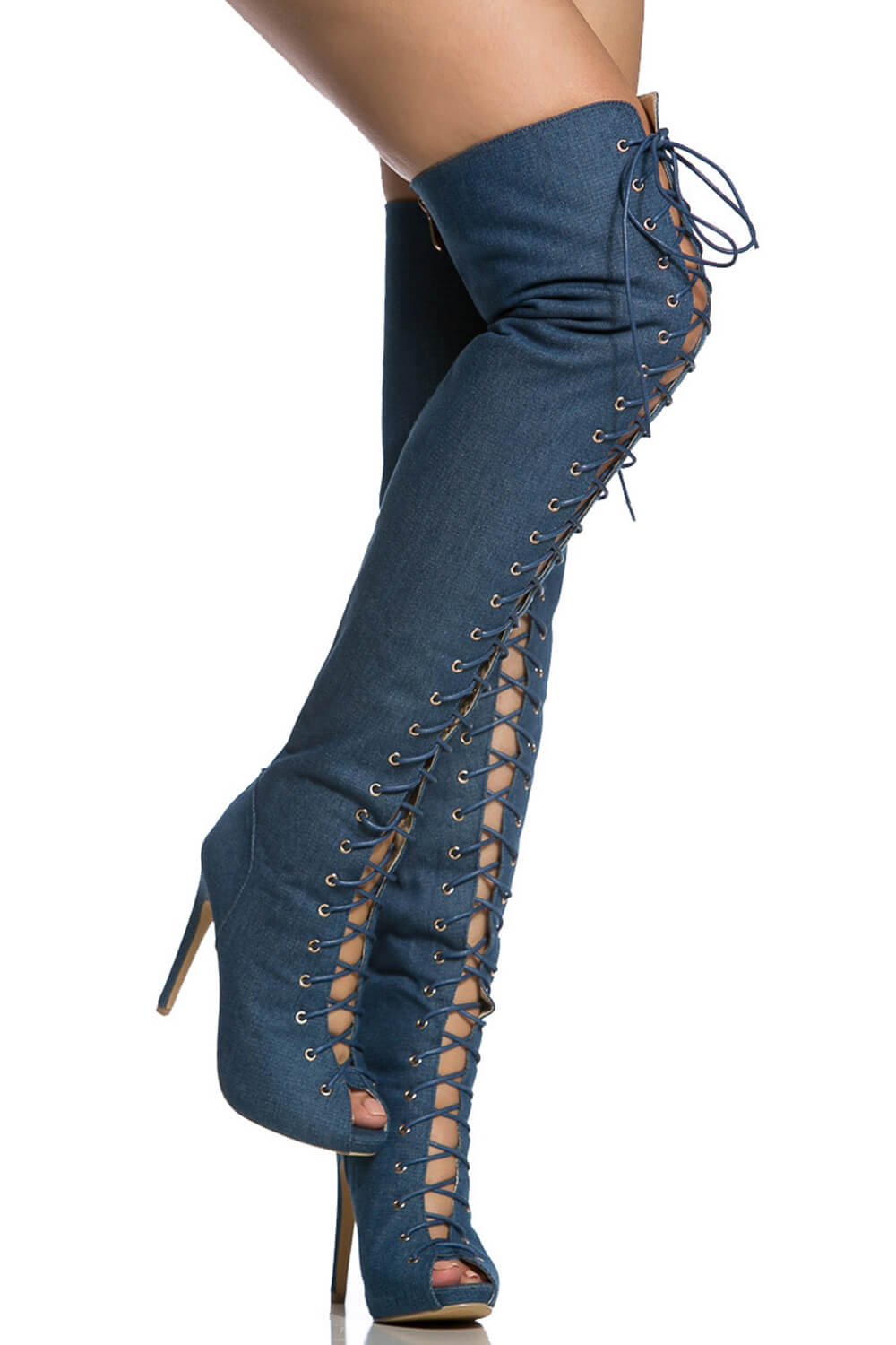 Denim Lace Up Peep Toe Thigh High Boots