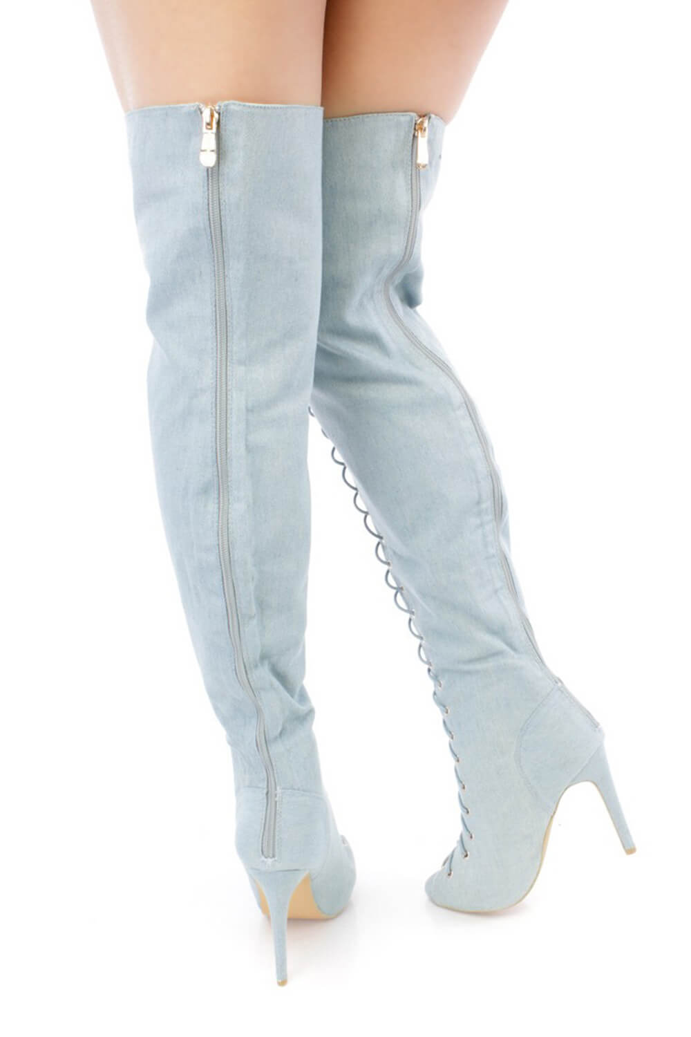 Denim Lace Up Peep Toe Thigh High Boots