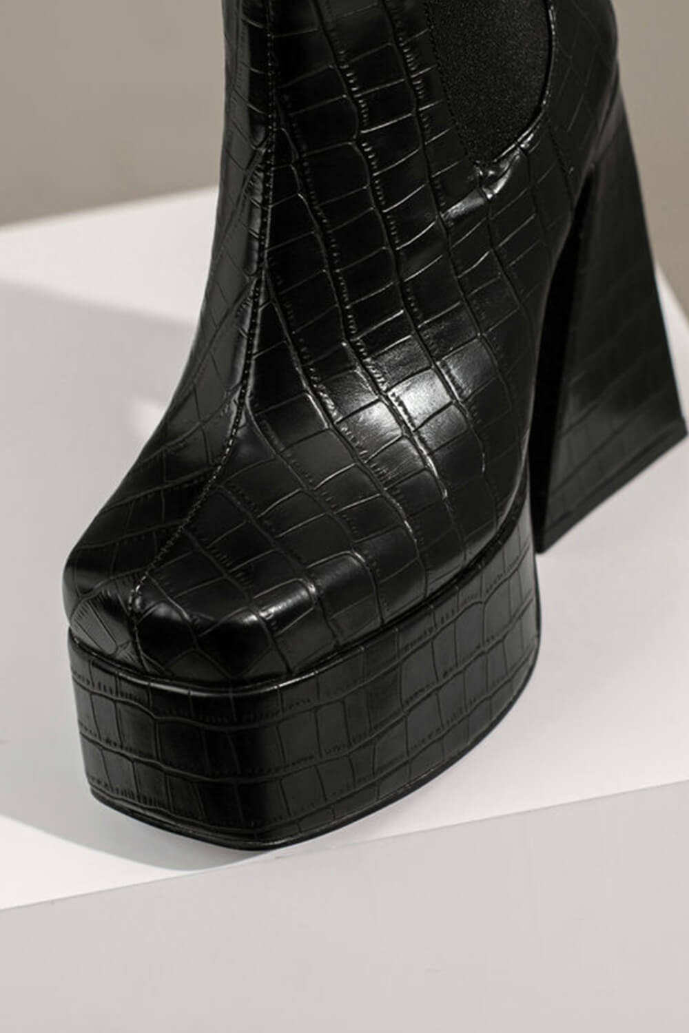 Croc Platform Square Toe Statement Block Heel Ankle Boots