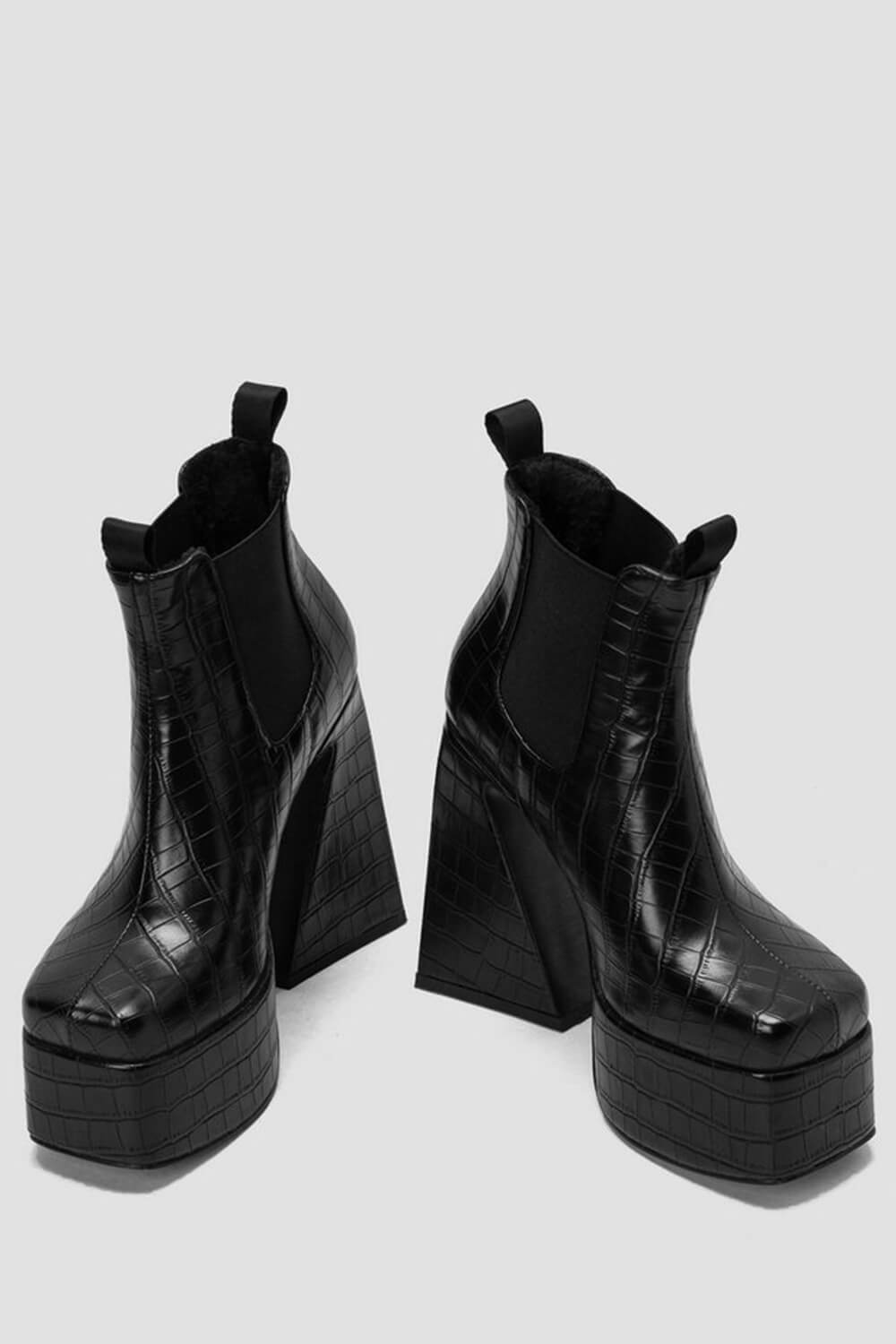 Croc Platform Square Toe Statement Block Heel Ankle Boots