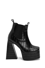 Croc Platform Square Toe Statement Block Heel Ankle Boots