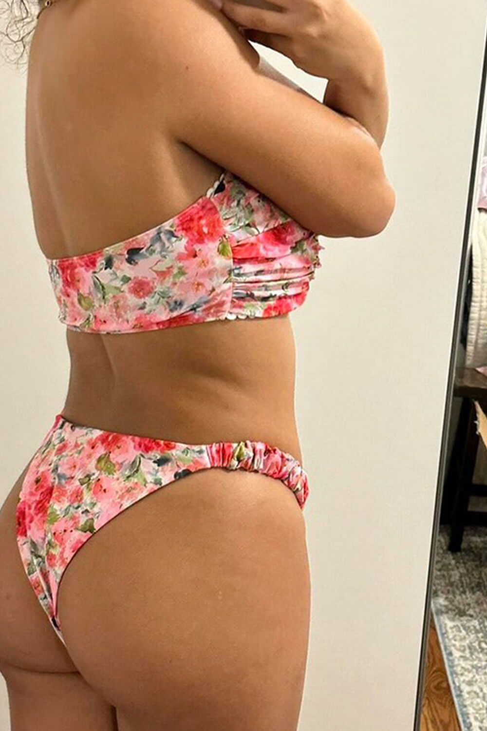 Floral Print Gathered Bandeau O-Ring Ruched Bikini Set
