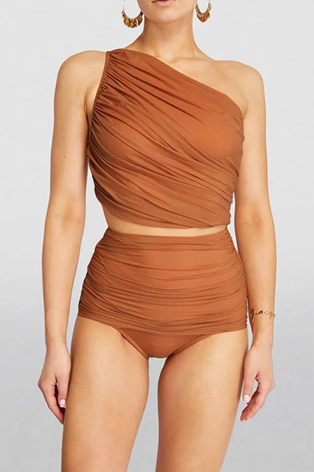 Mesh Ruched Draped One-Shoulder Mesh High-Rise Bikini Set
