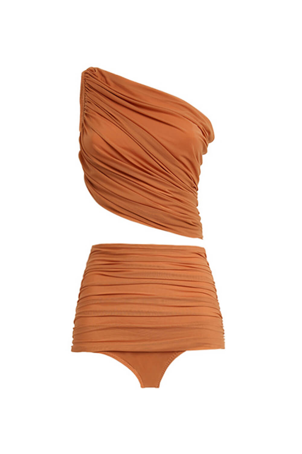 Mesh Ruched Draped One-Shoulder Mesh High-Rise Bikini Set