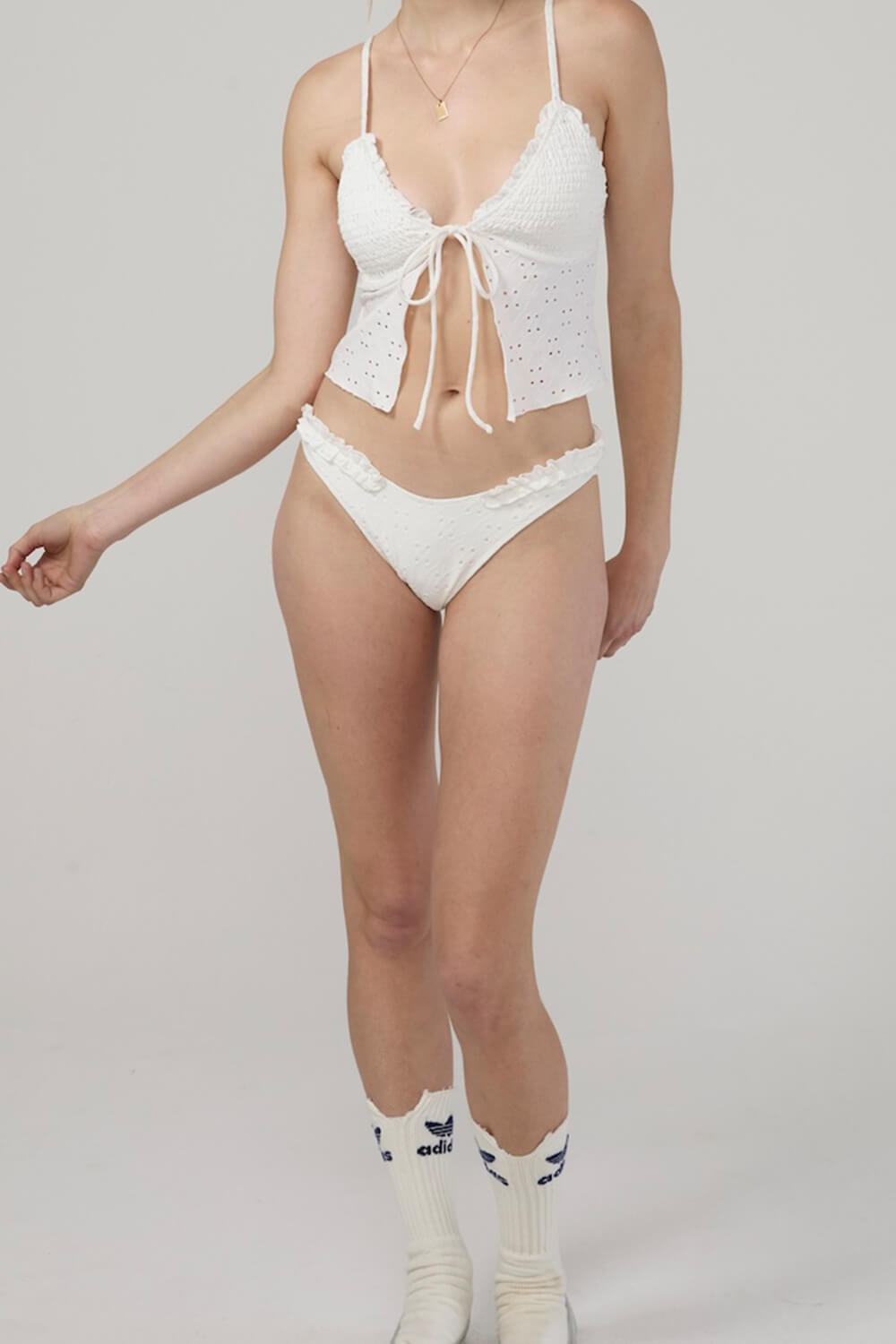 Eyelet Smocked V-Neck Ruffled Tie Front Cropped Tankini Set