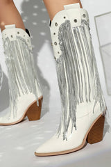 Sequin Embellished Fringe Western Cowgirl Mid-Calf Pointed Toe Block Heel Boots