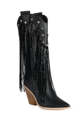 Sequin Embellished Fringe Western Cowgirl Mid-Calf Pointed Toe Block Heel Boots