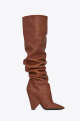 Faux Leather Slouch Pointed Toe Knee High Boots