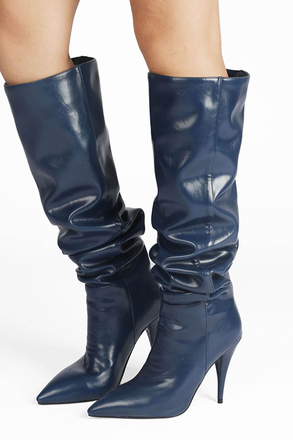 Faux Leather Scrunched Slouch Mid-Calf Pointed Toe Stiletto Heel Boots