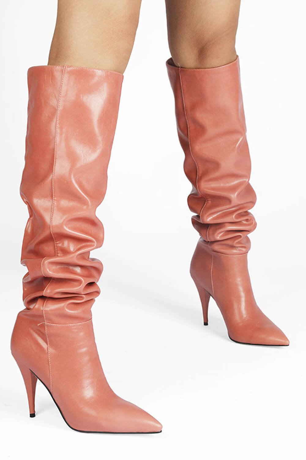 Faux Leather Scrunched Slouch Mid-Calf Pointed Toe Stiletto Heel Boots