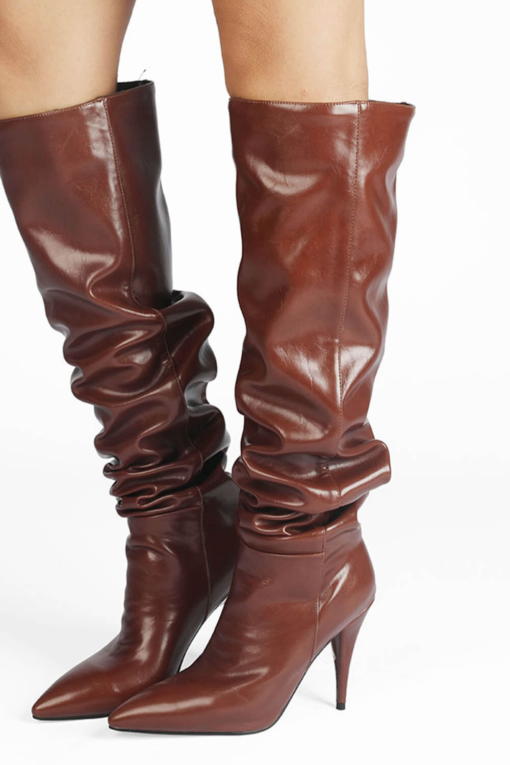 Faux Leather Scrunched Slouch Mid-Calf Pointed Toe Stiletto Heel Boots
