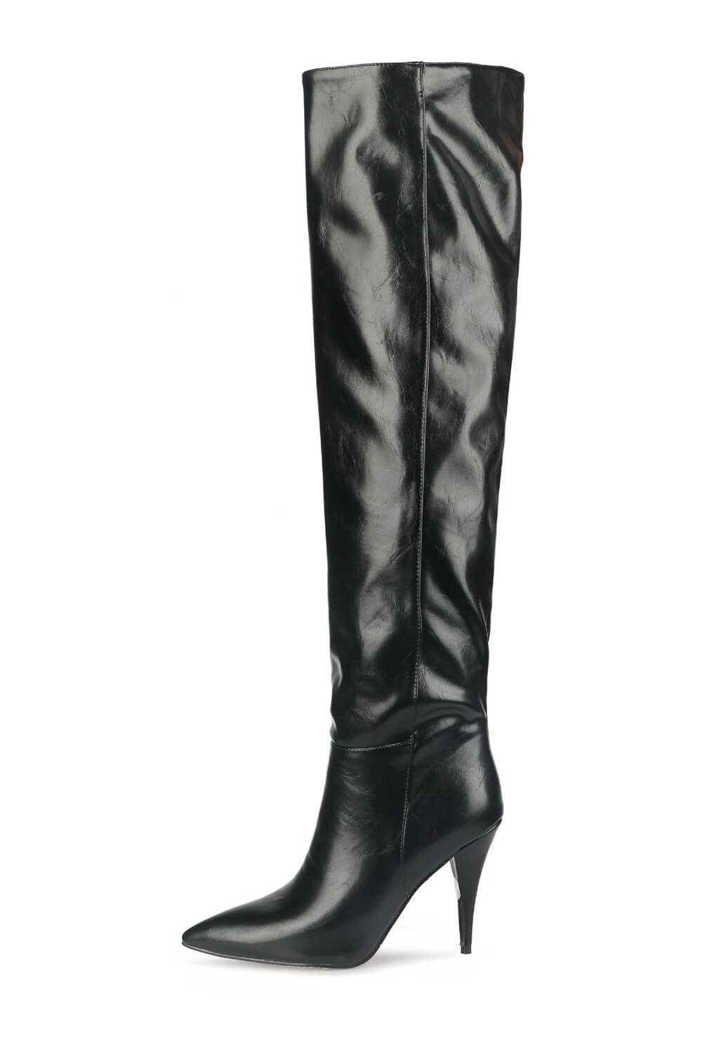 Faux Leather Scrunched Slouch Mid-Calf Pointed Toe Stiletto Heel Boots