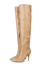 Faux Leather Scrunched Slouch Mid-Calf Pointed Toe Stiletto Heel Boots