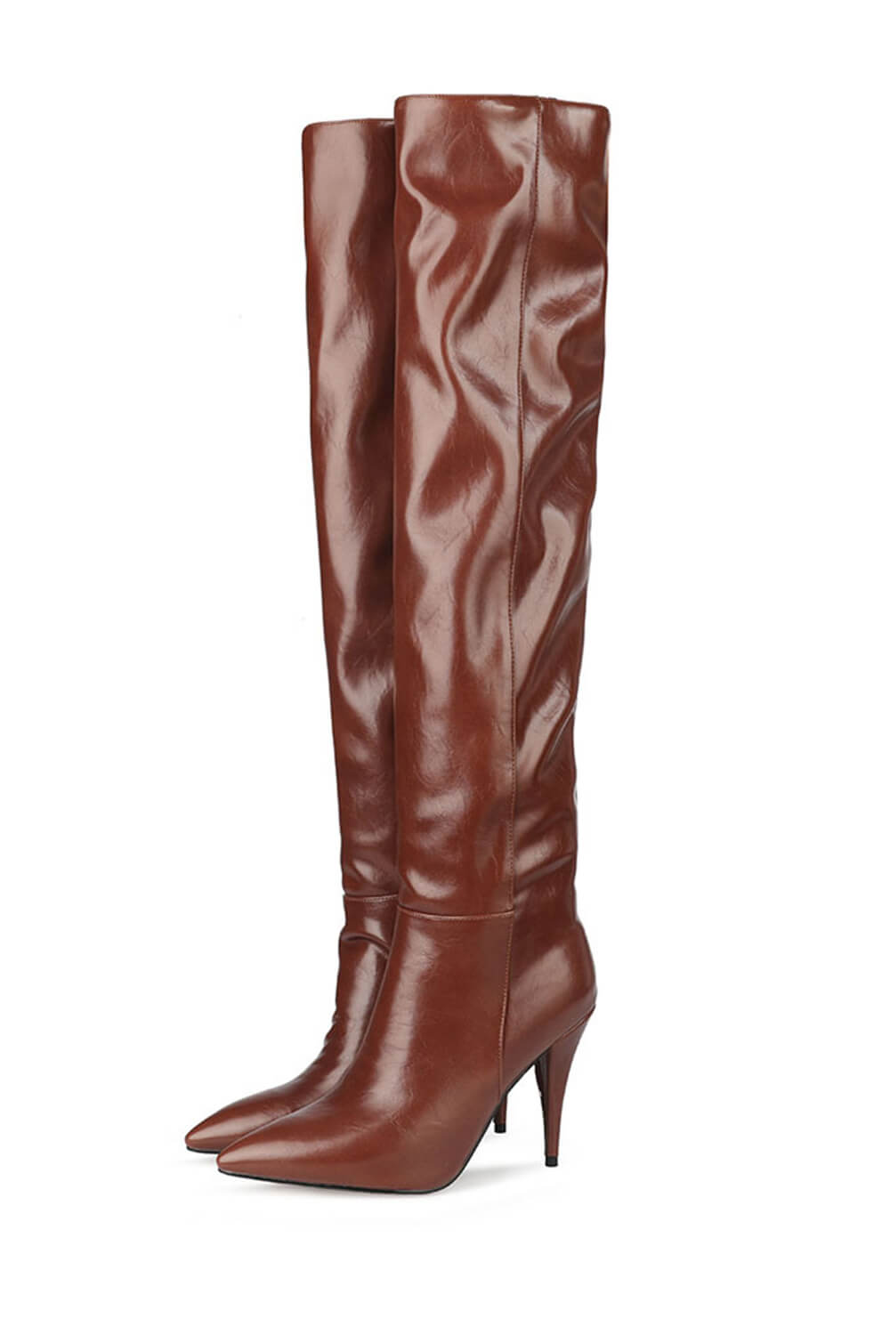 Faux Leather Scrunched Slouch Mid-Calf Pointed Toe Stiletto Heel Boots