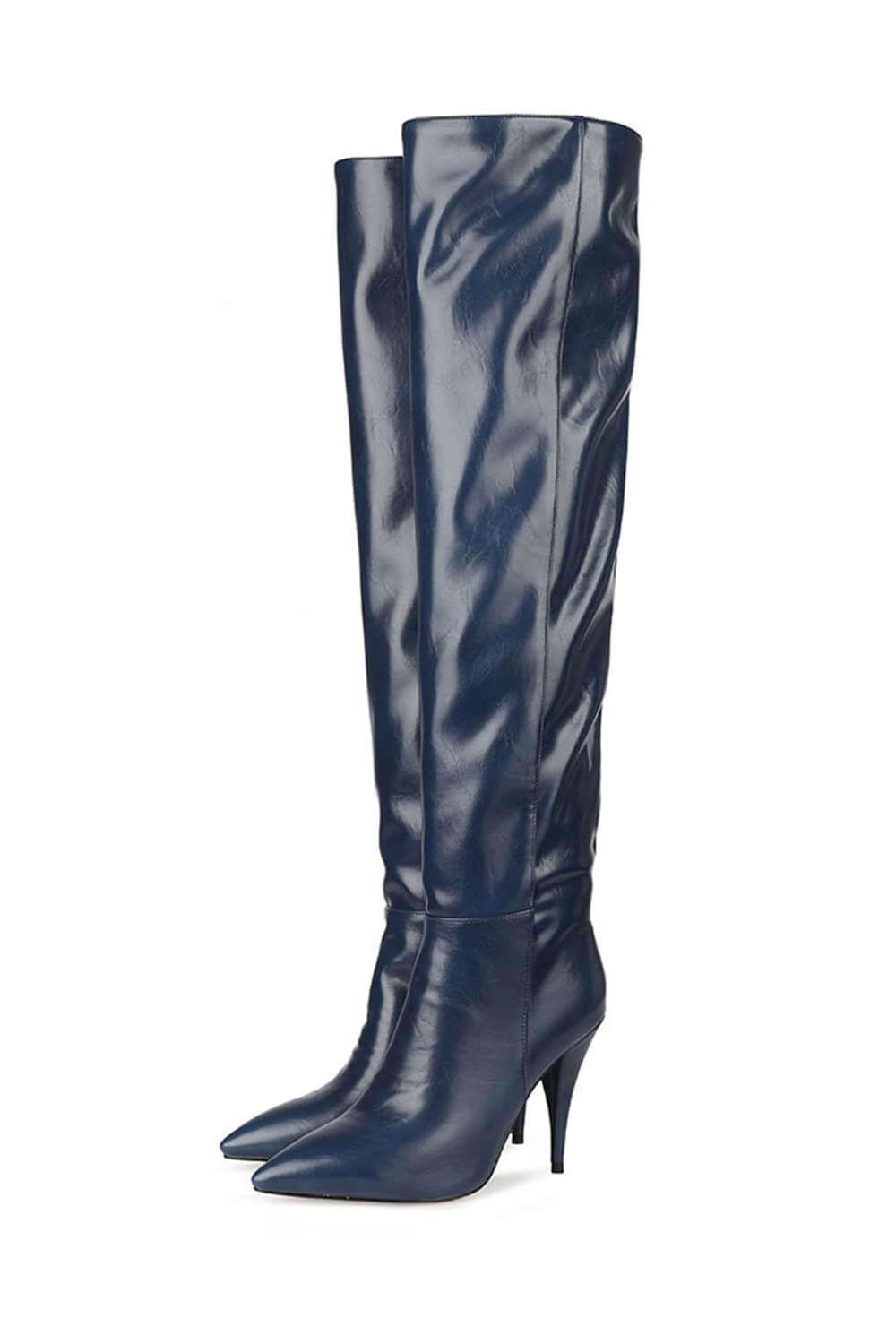 Faux Leather Scrunched Slouch Mid-Calf Pointed Toe Stiletto Heel Boots