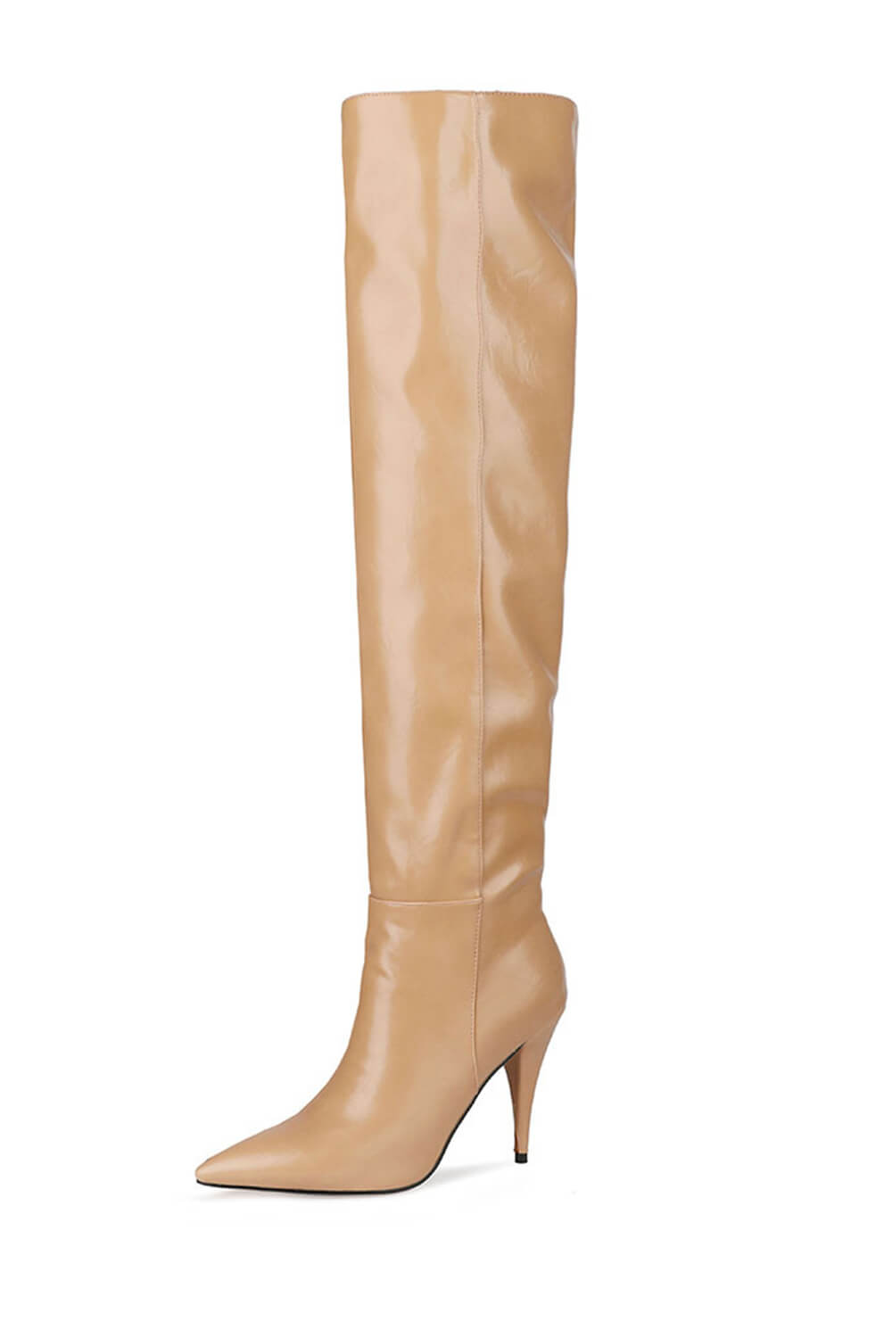 Faux Leather Scrunched Slouch Mid-Calf Pointed Toe Stiletto Heel Boots