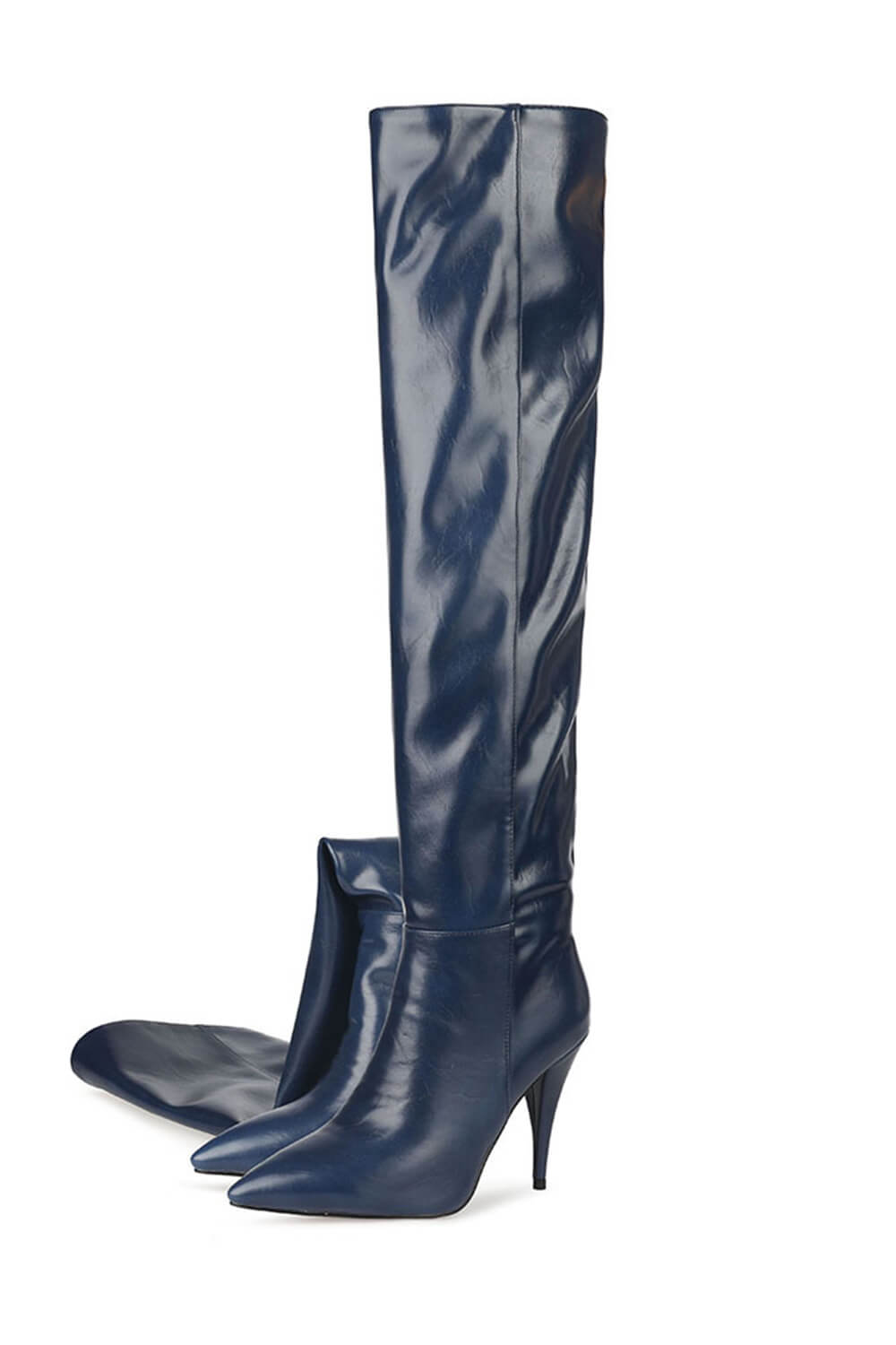 Faux Leather Scrunched Slouch Mid-Calf Pointed Toe Stiletto Heel Boots