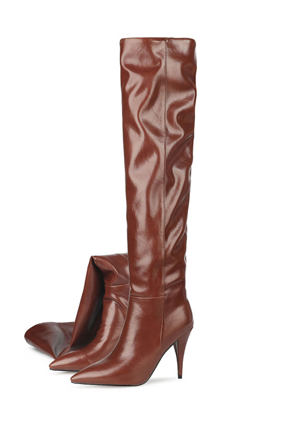 Faux Leather Scrunched Slouch Mid-Calf Pointed Toe Stiletto Heel Boots