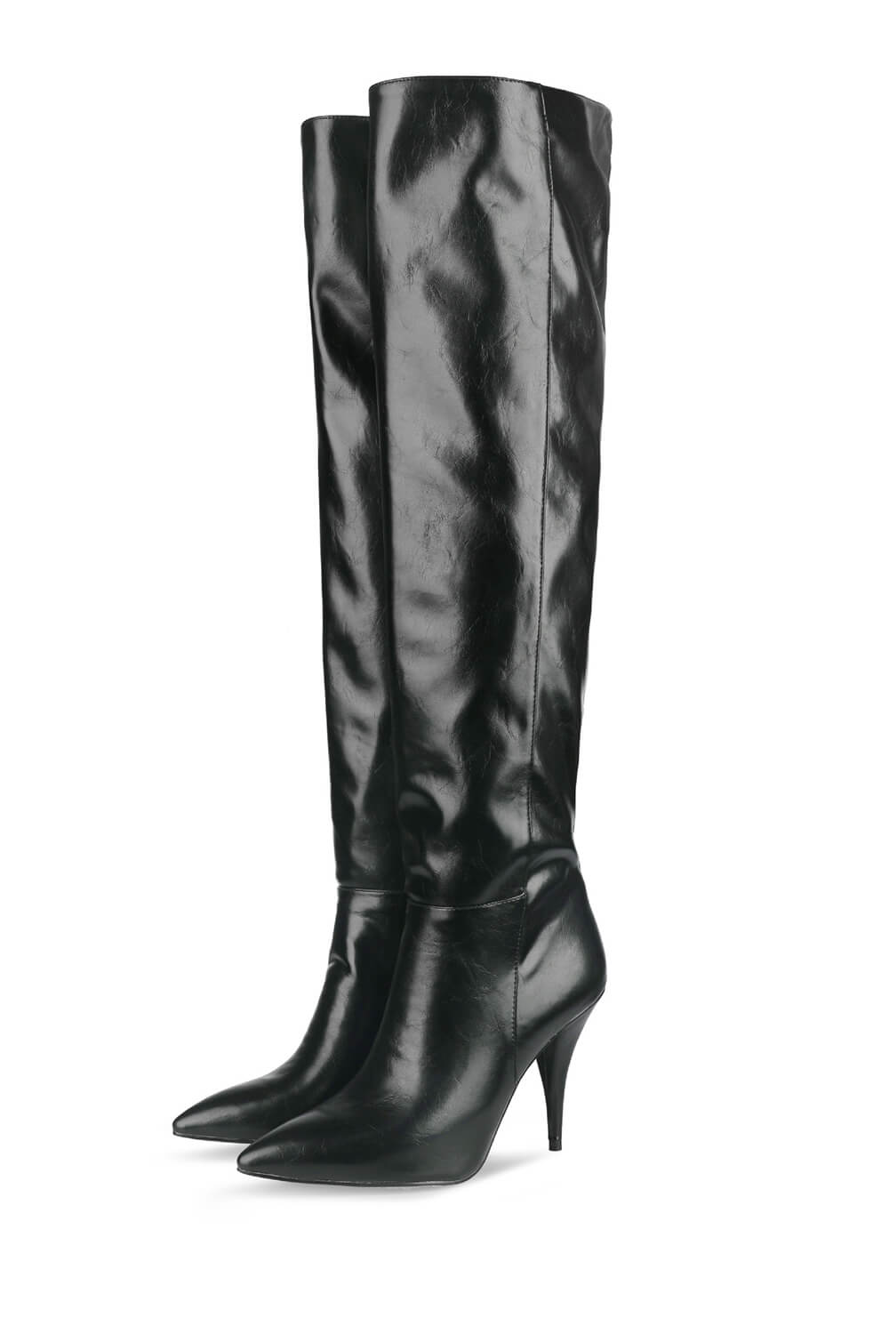 Faux Leather Scrunched Slouch Mid-Calf Pointed Toe Stiletto Heel Boots