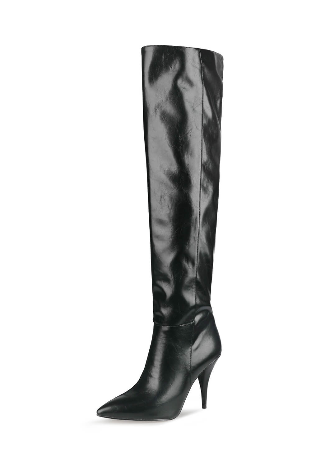 Faux Leather Scrunched Slouch Mid-Calf Pointed Toe Stiletto Heel Boots