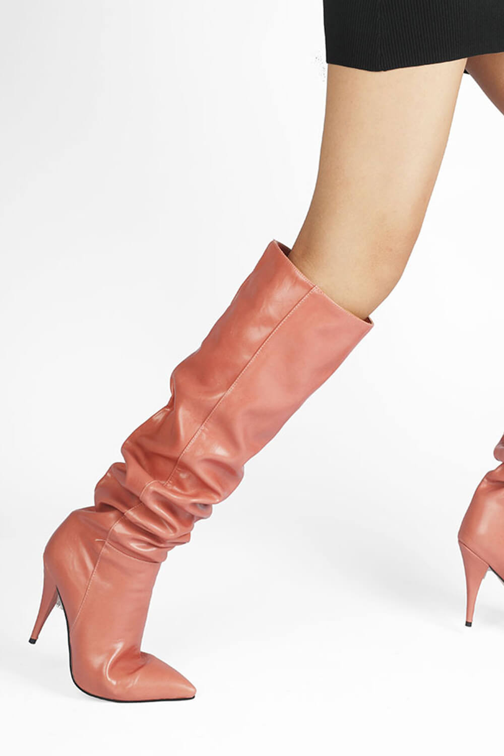 Faux Leather Scrunched Slouch Mid-Calf Pointed Toe Stiletto Heel Boots