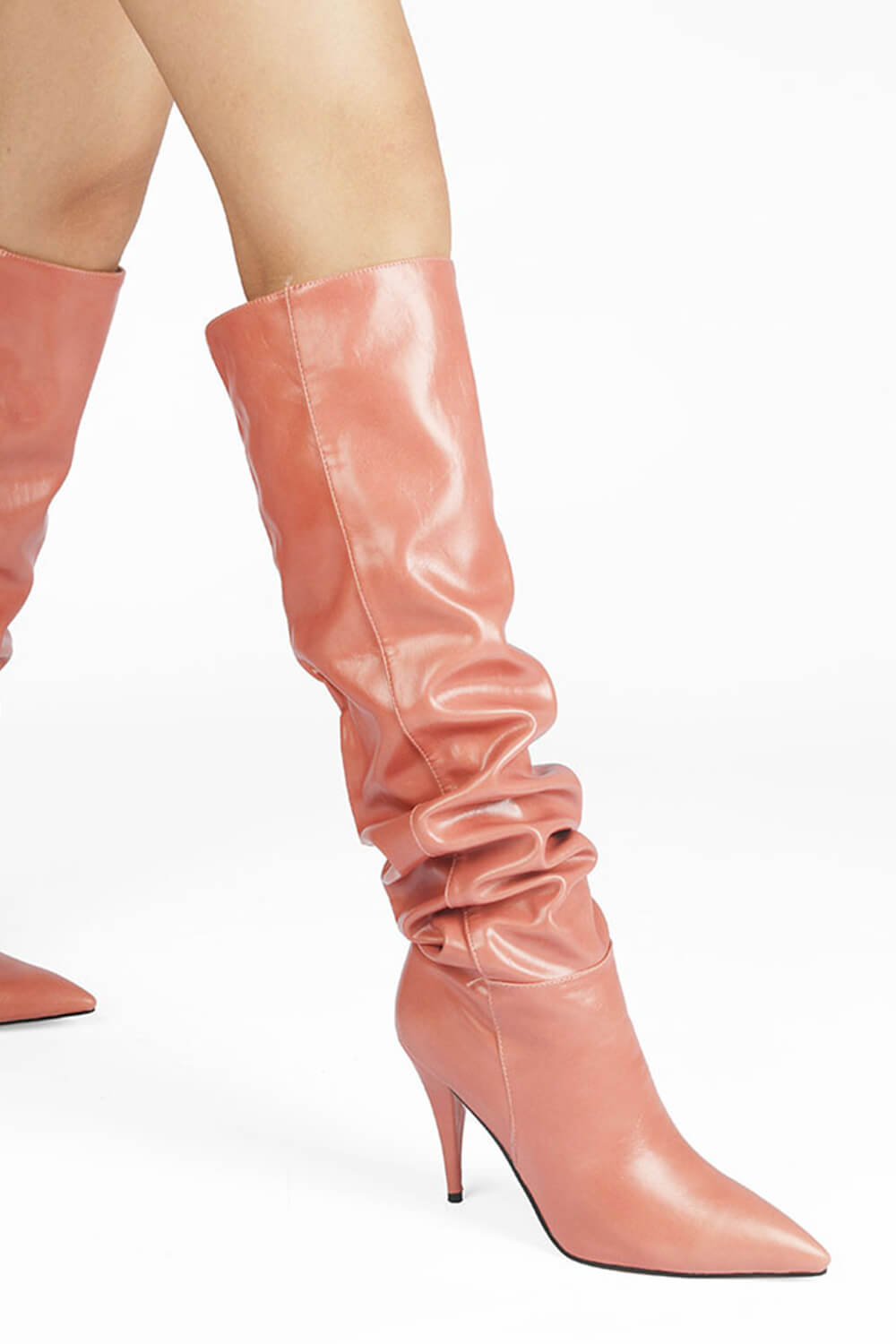 Faux Leather Scrunched Slouch Mid-Calf Pointed Toe Stiletto Heel Boots