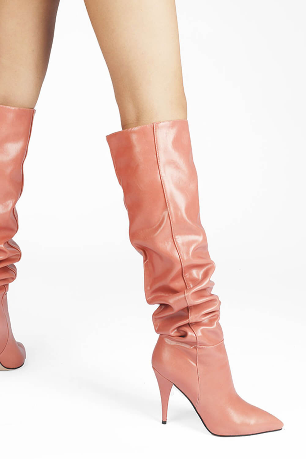 Faux Leather Scrunched Slouch Mid-Calf Pointed Toe Stiletto Heel Boots