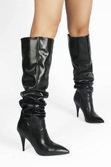 Faux Leather Scrunched Slouch Mid-Calf Pointed Toe Stiletto Heel Boots