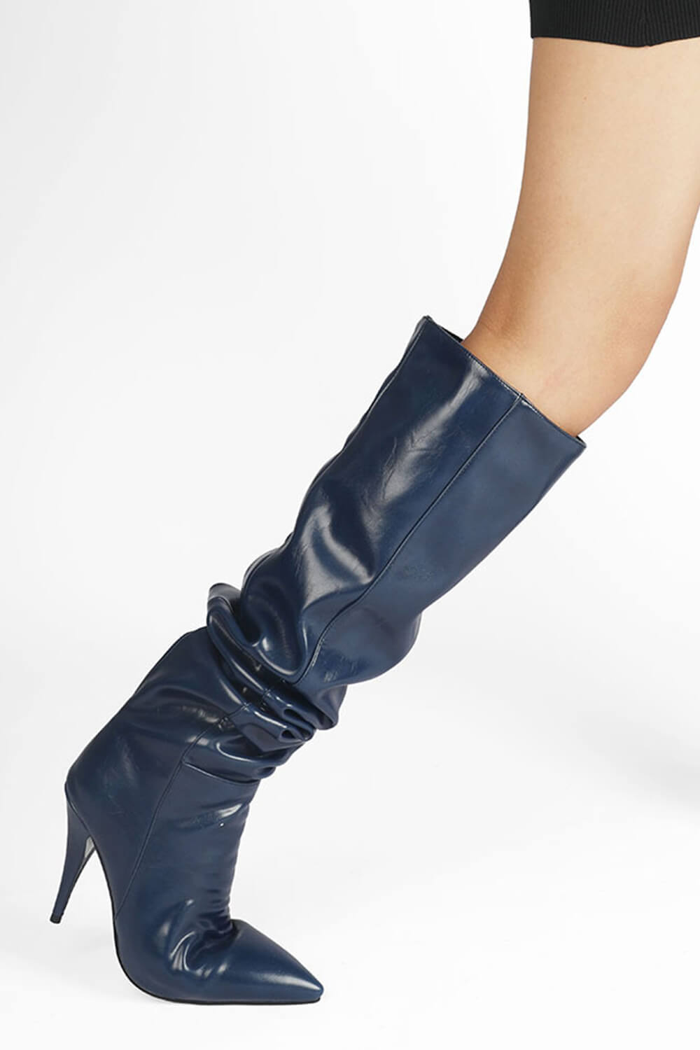 Faux Leather Scrunched Slouch Mid-Calf Pointed Toe Stiletto Heel Boots