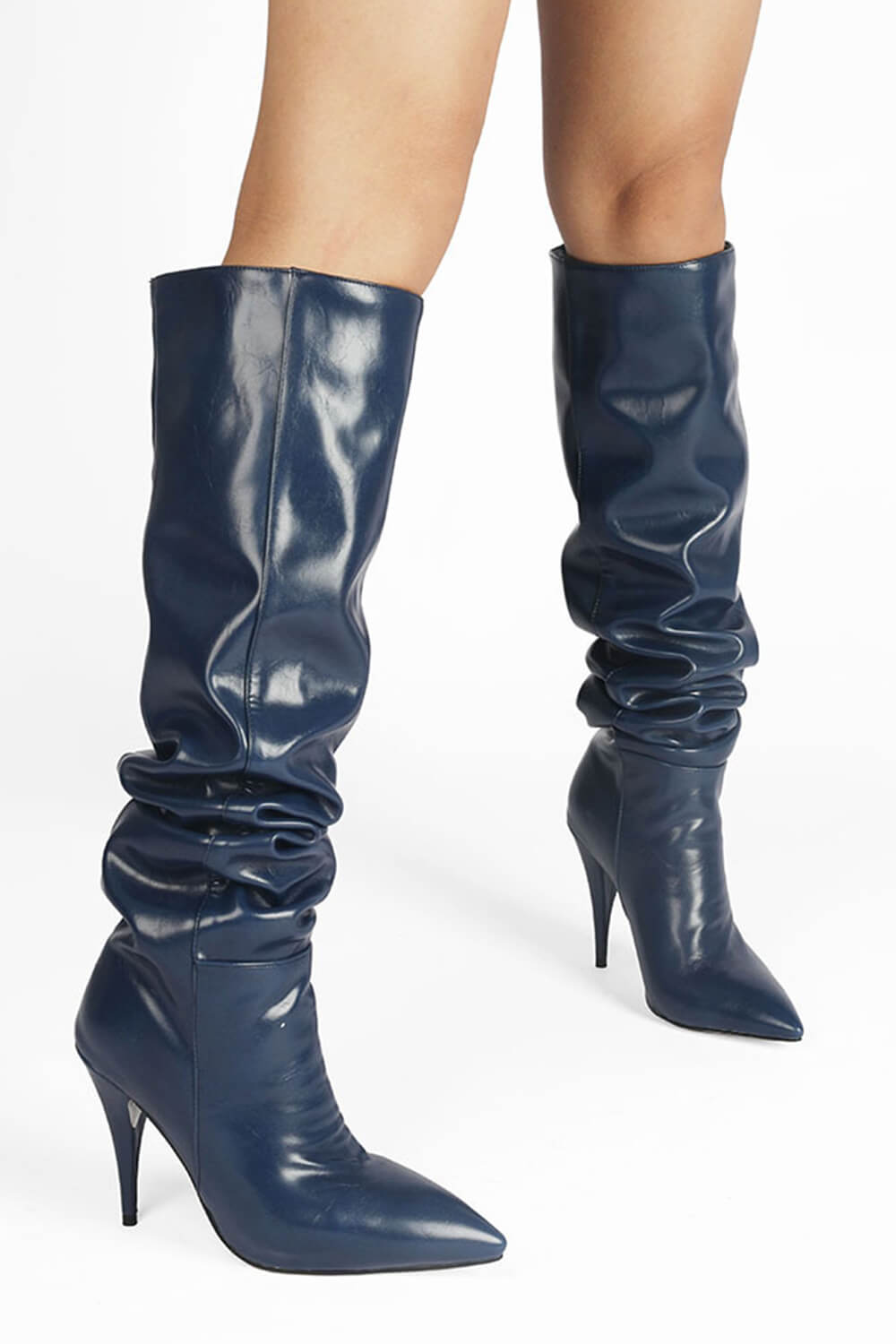 Faux Leather Scrunched Slouch Mid-Calf Pointed Toe Stiletto Heel Boots