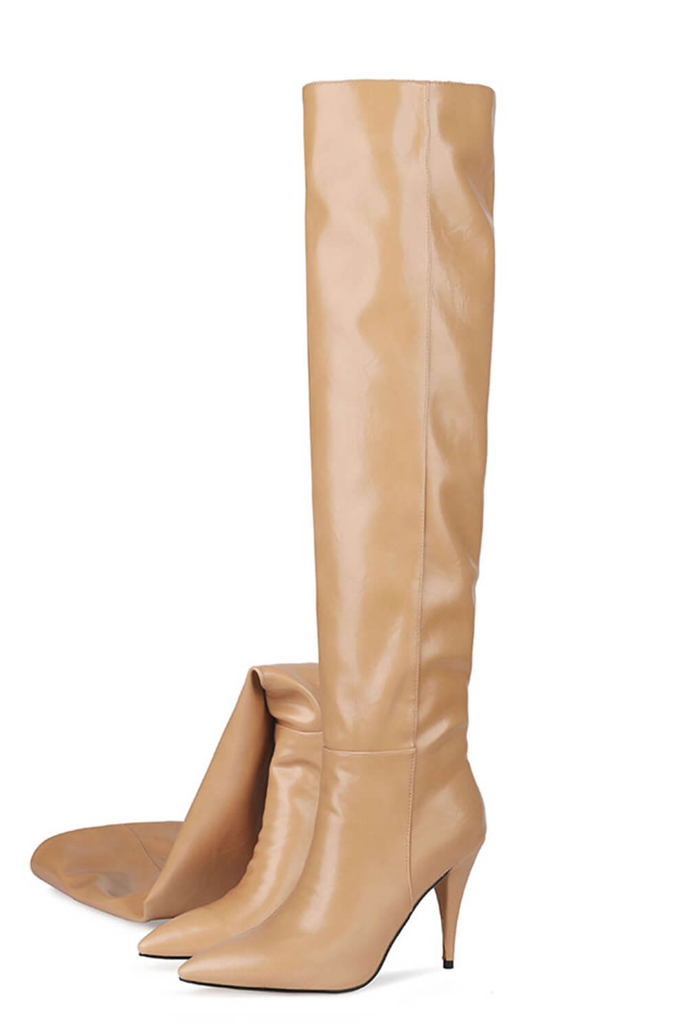 Faux Leather Scrunched Slouch Mid-Calf Pointed Toe Stiletto Heel Boots
