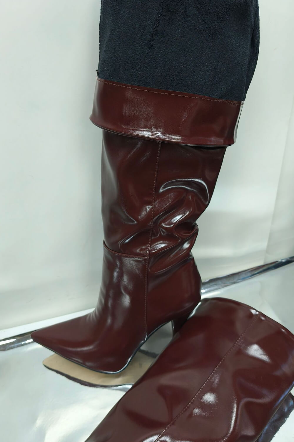 Faux Leather Scrunched Slouch Mid-Calf Pointed Toe Stiletto Heel Boots