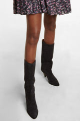 Pointed-Toe Faux Suede Cone Heel Knee High Boots
