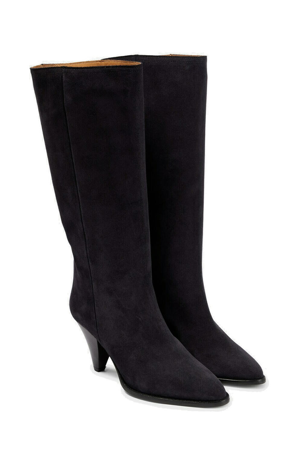 Pointed-Toe Faux Suede Cone Heel Knee High Boots