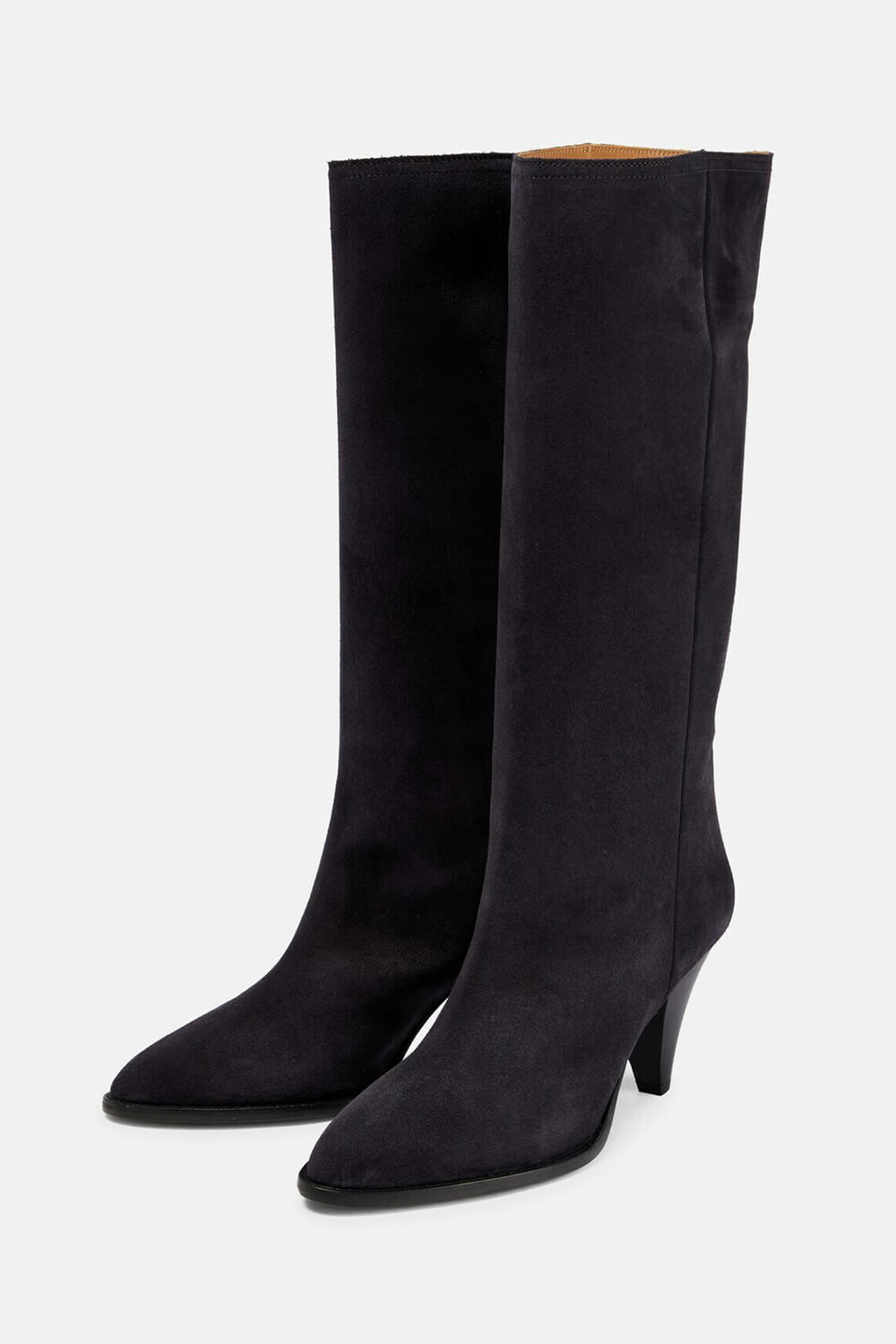 Pointed-Toe Faux Suede Cone Heel Knee High Boots