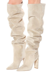 Faux Suede Slouch Over-The-Knee Block Heeled Boots