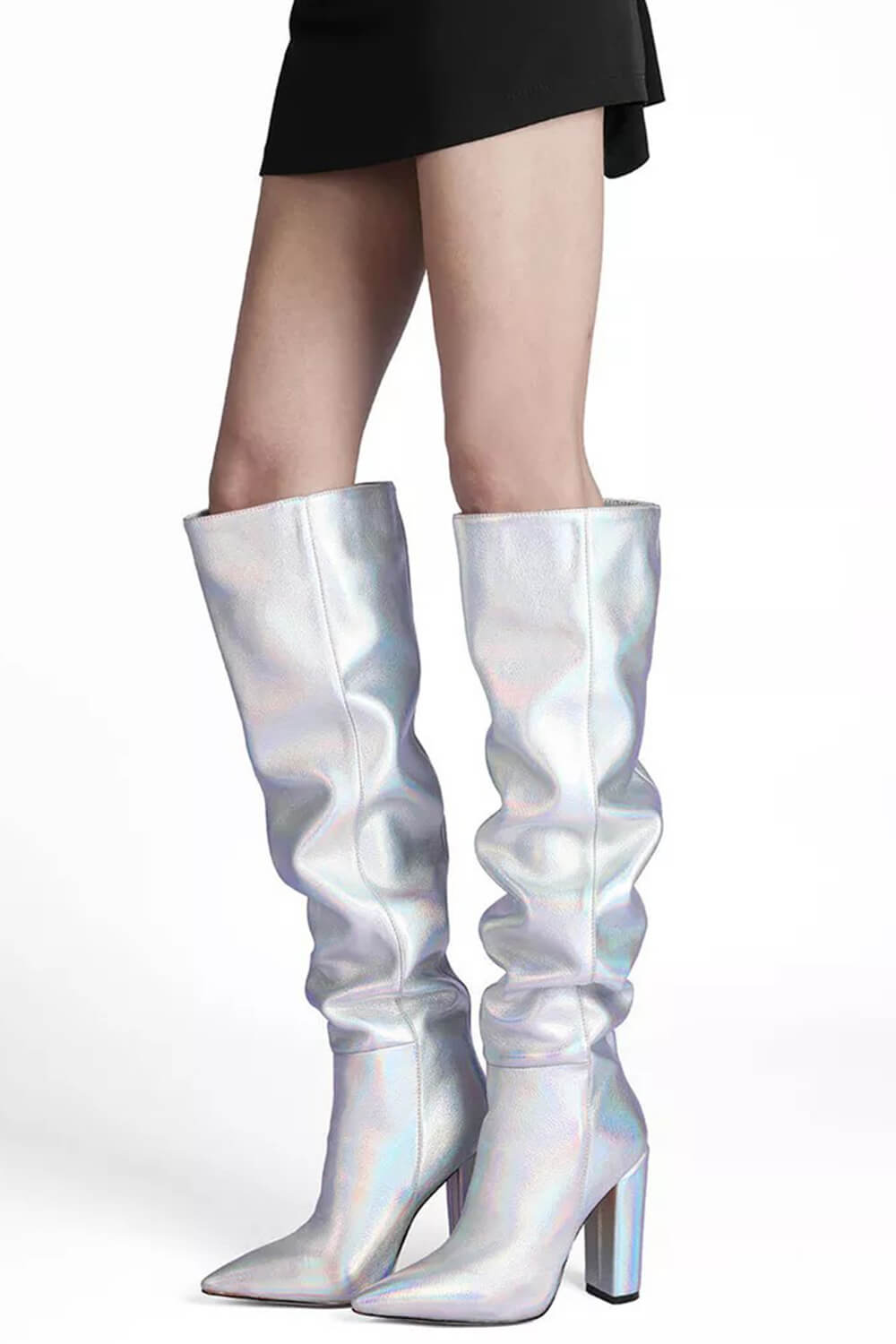 Metallic Silver Slouch Over-The-Knee Block Heeled Boots