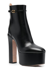 Buckle Detail Faux Leather Platform Block Heeled Ankle Booties