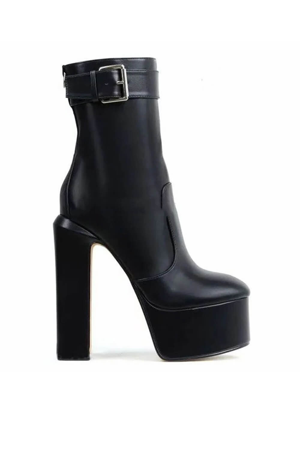 Buckle Detail Platform High Block Heel Mid Calf Boots