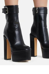 Buckle Detail Platform High Block Heel Mid Calf Boots