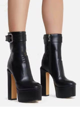 Buckle Detail Platform High Block Heel Mid Calf Boots