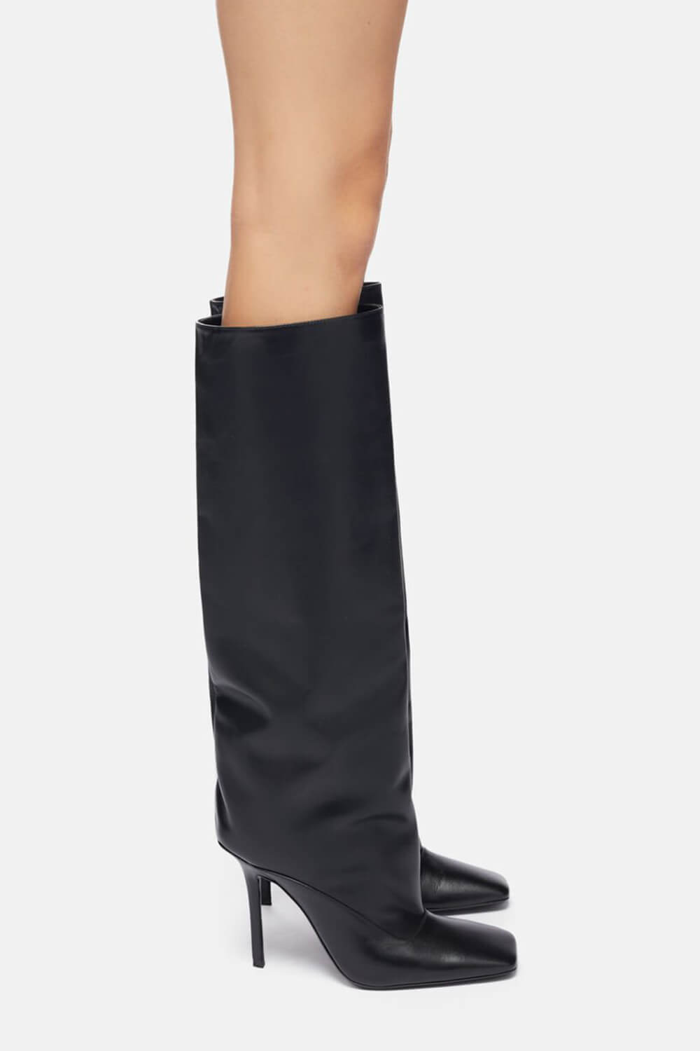 Faux Leather Square Toe Knee-High Stiletto Heeled Boots